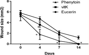 O objetivo deste estudo foi avaliar os efeitos da aplicação tópica de vitamina k nos processos de cicatrização de feridas. Os efeitos produzidos pela aplicação tópica dessa vitamina mostraram resultados significativos na diminuição do tempo de cicatrização das feridas (p < 0,05) em comparação com os grupos 2 e 3 (PAZYAR; HOUSHMAND; YAGHOOBI; HEMMATI et al., 2019).